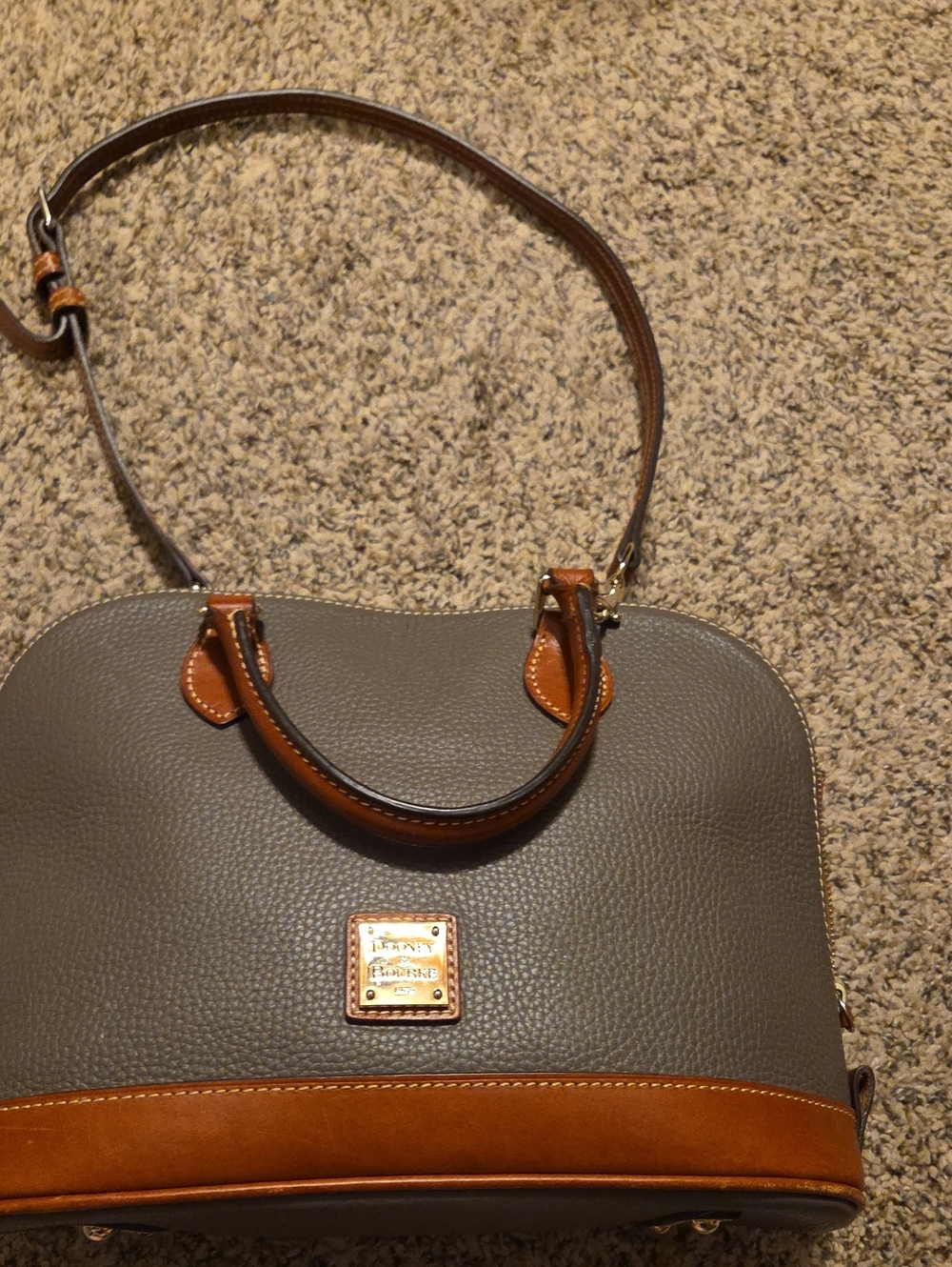 Dooney & Bourke Gray Pebbled Leather Satchel with Tan Trim